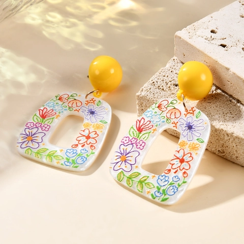 Exaggerated Fashion Acrylic Printed Floral Drop Earrings European Style Bohemian Petal Leaf Ear Jewelry for Women