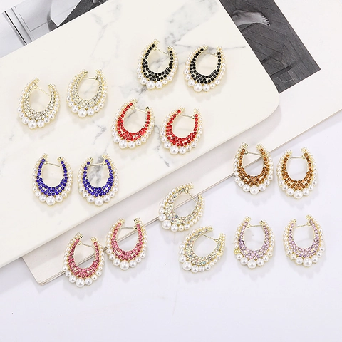 Luxurious Alloy Geometric U-Shaped Earrings With Artificial Pearl And Colorful Rhinestone Exaggerated Vintage Jewelry For Women