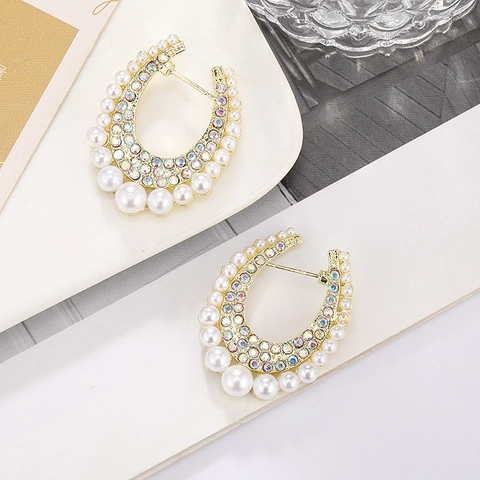 Fashion Geometric Irregular Alloy Earrings With Colorful Rhinestone And Artificial Pearl For Women Vintage Jewelry Gift