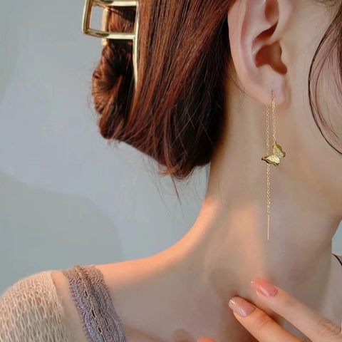 Minimalist Titanium Steel Butterfly Frosted Ear Threader Long Tassel Earrings Gold Elegant Jewelry For Women Daily Gift