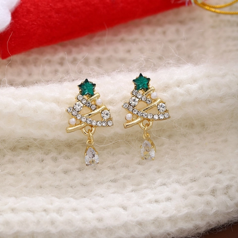Christmas Tree Stud Earrings For Women Alloy Rhinestone Artificial Pearl Gold Tone Festive Xmas Holiday Dangle Earrings Jewelry