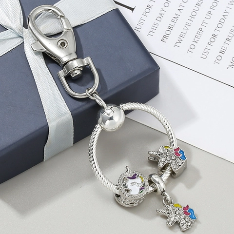 Fashion Silver Color Alloy Unicorn Keychain With Rhinestone Colorful Enameled Charms Metal Key Ring For Women Bag Accessories Gift