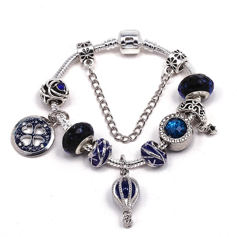 Women Fashion Alloy Silver Plated Beaded Bracelet Blue Glass Beads Star Clover Hot Air Balloon Dangle DIY Jewelry Accessory