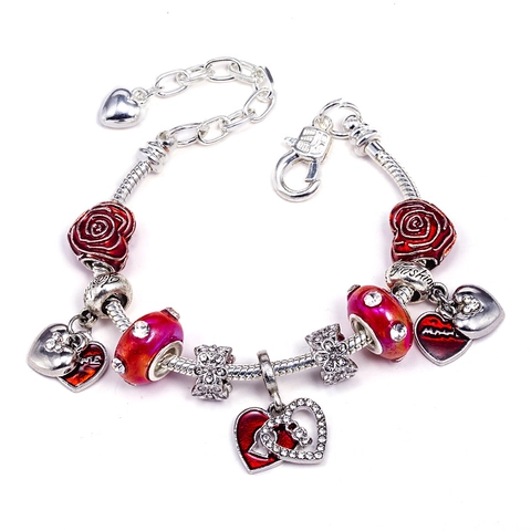 Mode Legering Hart Hanger Bedelarmband Rode Emaille Roos Kralen Zilveren Slangenketting Valentijnsdag Sieraden Cadeau Voor Vrouwen
