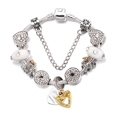 Fashion Alloy Silver Plated Beaded Charm Bracelet For Women With Rhinestone Heart Star Floral Pendants And Safety Chain