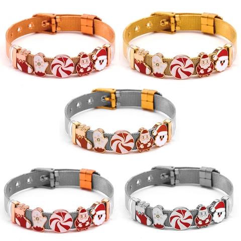 Christmas Stainless Steel Mesh Bracelet Adjustable Santa Claus Enamel Charms Socks Gloves Candy Finger Buckle Bracelet For Women Jewelry Gift