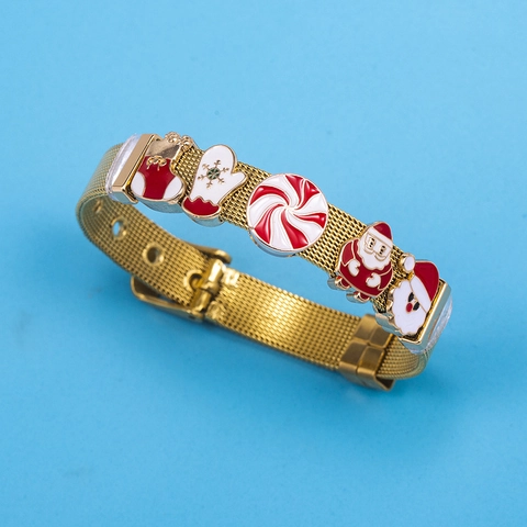Christmas Stainless Steel Mesh Bracelet Adjustable Santa Claus Enamel Charms Socks Gloves Candy Finger Buckle Bracelet For Women Jewelry Gift