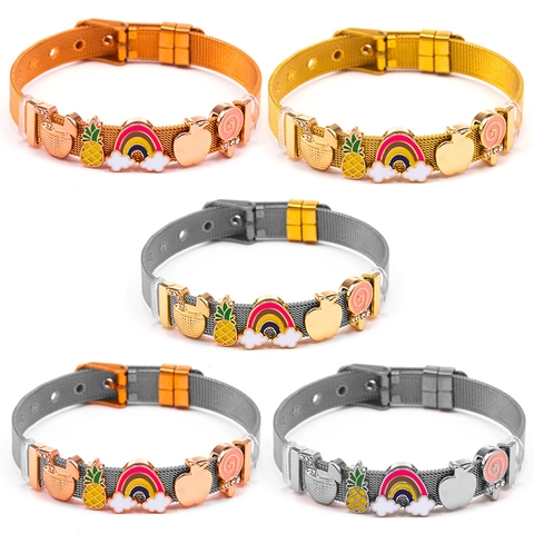 Verstellbares Milanaise Armband Edelstahl Bunte Emaille Ananas Regenbogen Cartoon Anhänger Mode Schmuck Damen Teenager