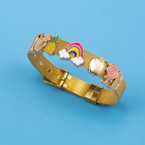 Verstellbares Milanaise Armband Edelstahl Bunte Emaille Ananas Regenbogen Cartoon Anhänger Mode Schmuck Damen Teenager