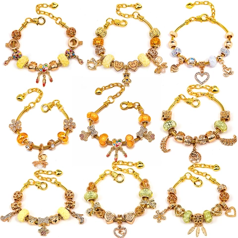 Luxury Gold DIY Charm Bracelet For Women Heart Bee Crown Pendant Alloy Snake Chain Bracelet Rhinestone Fashion Jewelry Gift