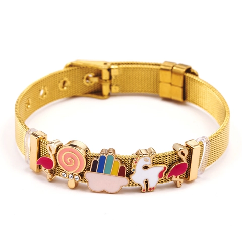 Cartoon Mesh Bracelet Stainless Steel Wire Charm Bracelet With Flamingo Unicorn Rainbow Cake Charms For Women Girls Jewelry