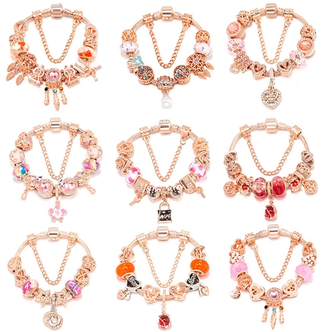 Women Rose Gold DIY Charm Bracelet Alloy Rhinestone Murano Glass Beaded Snake Chain Heart Shell Pendant Fashion Jewelry