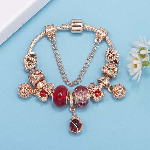 Women Rose Gold DIY Charm Bracelet Alloy Rhinestone Murano Glass Beaded Snake Chain Heart Shell Pendant Fashion Jewelry