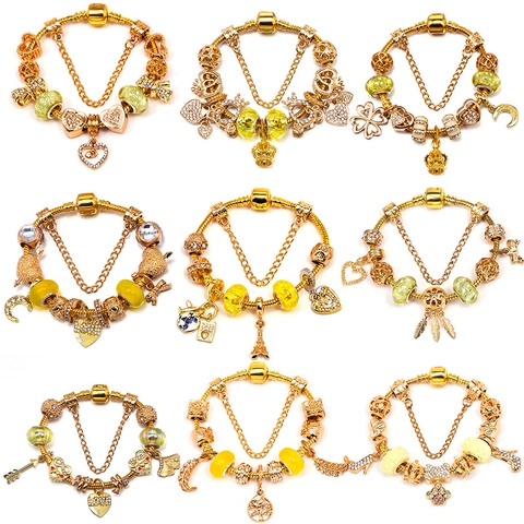 DIY Gold Plated Alloy Charm Bracelet For Women Heart Crown Moon Star Pendant Rhinestone Snake Chain Fashion Jewelry Gift