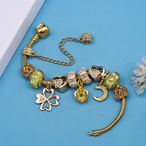 DIY Gold Plated Alloy Charm Bracelet For Women Heart Crown Moon Star Pendant Rhinestone Snake Chain Fashion Jewelry Gift
