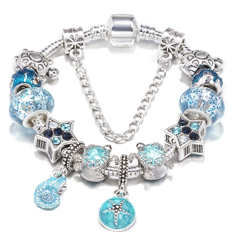 Blue Ocean Charm Bracelet Women Alloy Enamel Turtle Starfish Shell Rhinestone Star DIY Snake Chain Bracelet Jewelry Gift