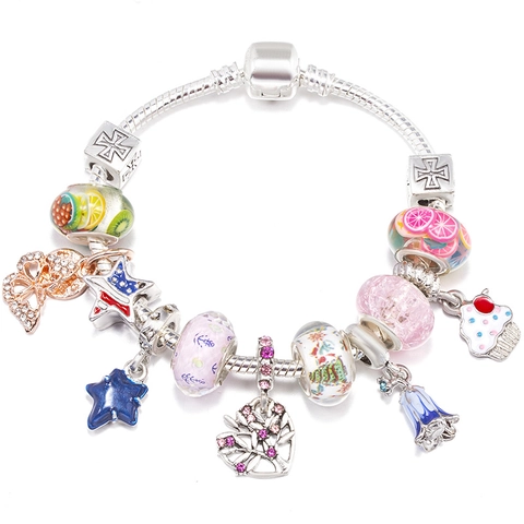 Pulsera Charm DIY de Moda para Mujer Aleación Bañada en Plata Cadena de Serpiente Con Cuentas de Vidrio Coloridas Colgante de Corazón Mariposa Joyería