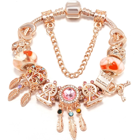 Women Rose Gold Plated Charm Bracelet With Dreamcatcher Heart Life Tree Beads DIY Snake Chain Fashion Jewelry Gift