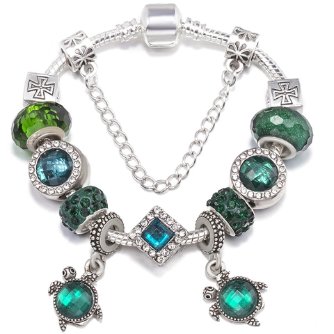 Vintage Alloy Snake Bone Chain Beaded Bracelet Green Crystal Turtle Pendant Heart Charms Rhinestone Bracelet For Women