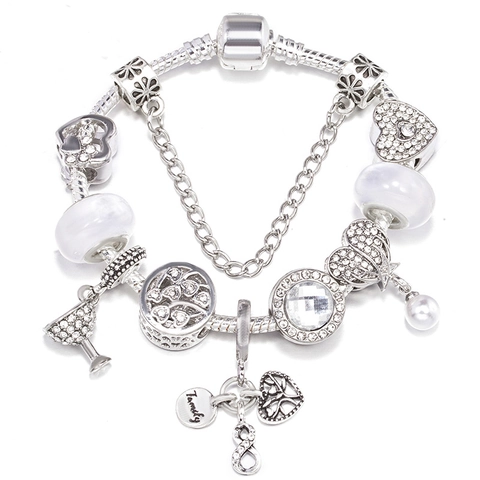 Bracelet Chaîne Serpent en Alliage Plaqué Argent pour Femme Pendentifs Cœur Arbre de Vie Verre à Vin Infini Bijoux Famille