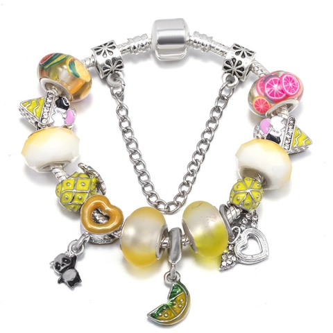 Summer Fruit Panda Charm Bracelet Alloy Silver Plated Enamel Lemon Pineapple Bead Bracelet For Women Girls Birthday Party Jewelry