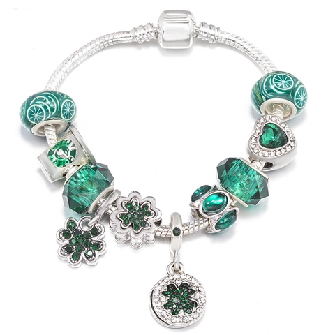 Western Style Alloy Green Crystal Glass Beads Charm Bracelet With Clover Heart Pendant Silver Tone Snake Chain Jewelry For Women