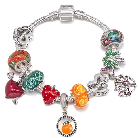 Alloy Silver Snake Chain Charm Bracelet Women Fruit Strawberry Heart Enamel Beads Rhinestone Palm Tree Jewelry Gift