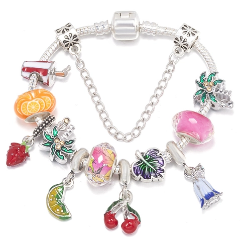 DIY Charm Bracelet For Girls Children Birthday Gift Silver Color Alloy Snake Chain With Colorful Fruit Enamel Beads Strawberry Cherry Heart Tropical Leaf Charms Jewelry