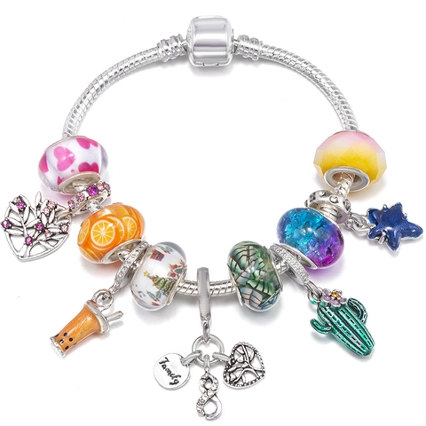 Alloy DIY Charm Bracelet For Women With Colorful Glass Beads Heart Tree Of Life Family Pendant Silver Plated Snake Chain Jewelry