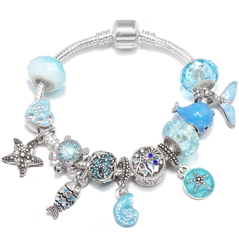 Ocean Theme Alloy Charm Bracelet With Blue Glaze Beads Heart Pendant Silver Color Snake Chain For Women Jewelry Gift