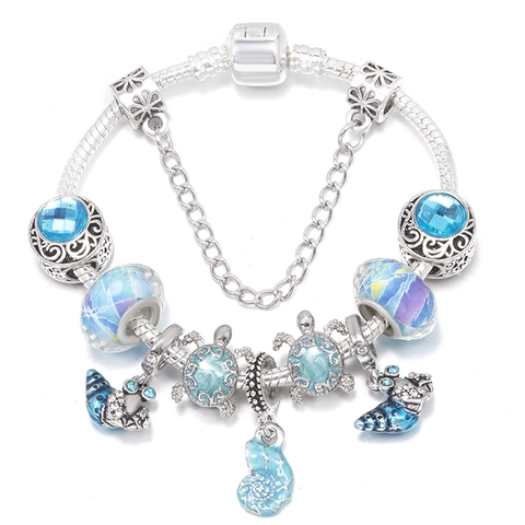 Ocean Theme Alloy Charm Bracelet Blue Glass Beads Turtle Shell Pendants For Women Fashion DIY Snake Chain Jewelry Gift