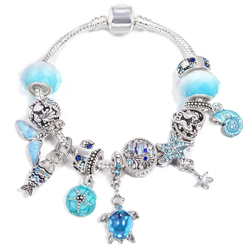 Ocean Series Blue Crystal Beaded Bracelet Starfish Turtle Mermaid Tail Charms Alloy Silver Snake Chain Women Jewelry Gift