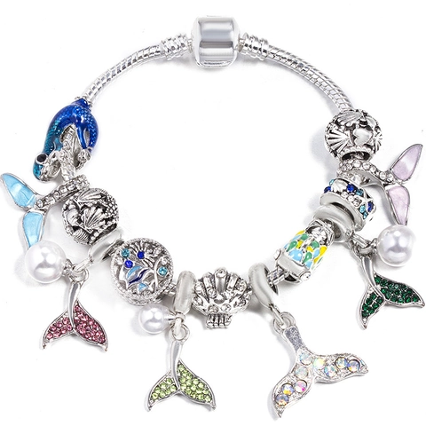 Ocean Theme DIY Charm Bracelet For Women Alloy Silver Plated Fishtail Dolphin Shell Beads Rhinestone Artificial Pearl Jewelry