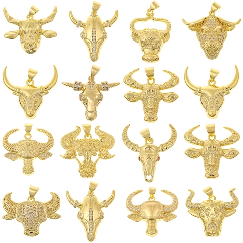 Hip Hop Bull Head Pendant Copper 18K Gold Plated Zirconia Cow Skull Necklace Pendant Vintage Punk Animal Jewelry For Men Women