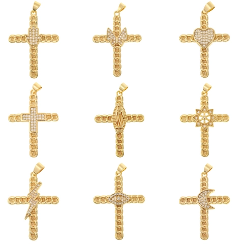 Vintage Religiös Kreuz Anhänger Kupfer Zirkonia Eingelegt DIY Mode Accessoire Schmuck Für Damen Herren Goldene Farbe