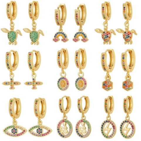 Exquisite Copper Zirconia Huggie Earrings Multicolor Sea Turtle Snake Evil Eye Dangle Earrings For Women Bohemian Jewelry