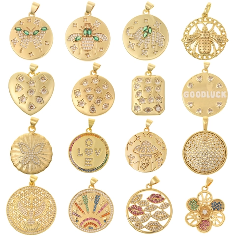 Pendente in Rame Placcato Oro Vero Intagliato Zirconia Retro Moda Farfalla Ape Cuore Elefante Gioiello Geometrico Donna