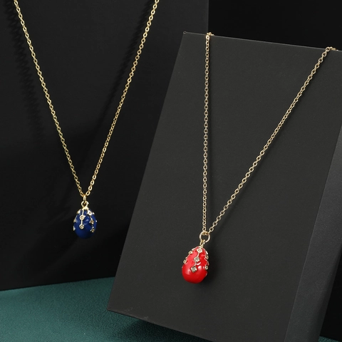 Vintage Copper Faberge Style Easter Egg Pendant Necklace 18K Gold Plated Zirconia Enamel Clavicle Chain Jewelry For Women
