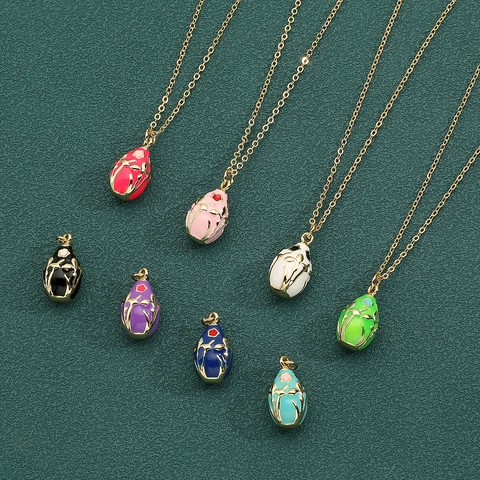 Vintage Copper Zirconia Enamel Egg Pendant Necklace For Women 18K Gold Plated Floral Pattern Jewelry Easter Gift Clavicle Chain