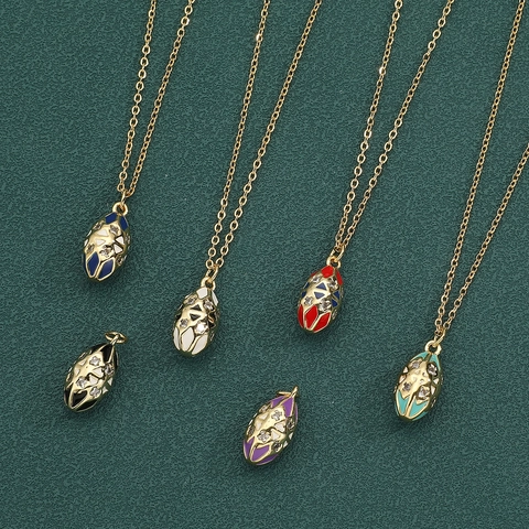 Vintage Artistic Copper Zirconia Egg Pendant Necklace Elegant Enamel Gold Plated Clavicle Chain Women Jewelry Gift