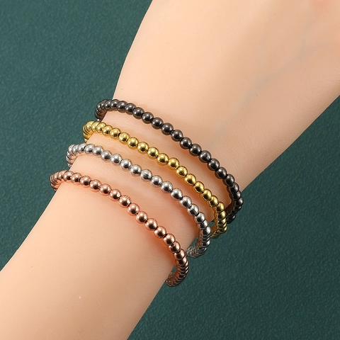 Elegant Minimalist Copper Round Bead Bracelet For Women 18K Gold Plated Polished Metal Jewelry Elastic Chain Versatile Daily Accessory