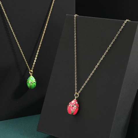 Vintage Copper Zirconia Enamel Egg Pendant Necklace For Women 18K Gold Plated Floral Pattern Jewelry Easter Gift Clavicle Chain
