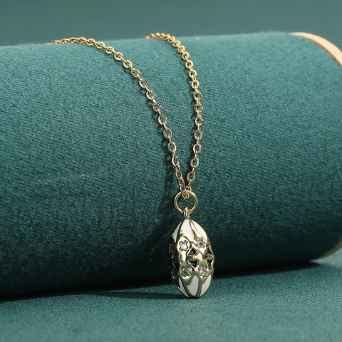 Vintage Artistic Copper Zirconia Egg Pendant Necklace Elegant Enamel Gold Plated Clavicle Chain Women Jewelry Gift