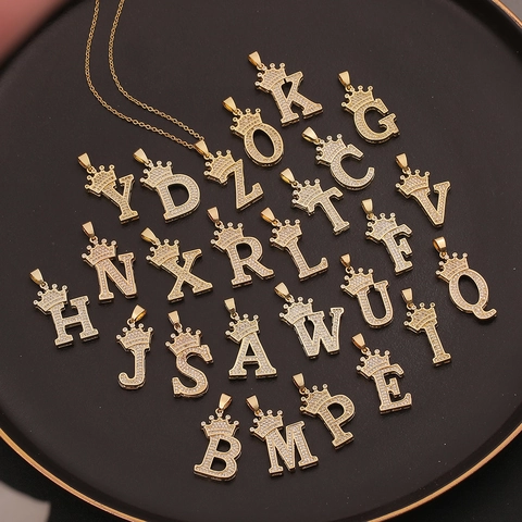Hip Hop Copper Gold Plated Crown Initial Pendant Micro Inlaid Zirconia Letter Pendant Only Without Chain For Women Men