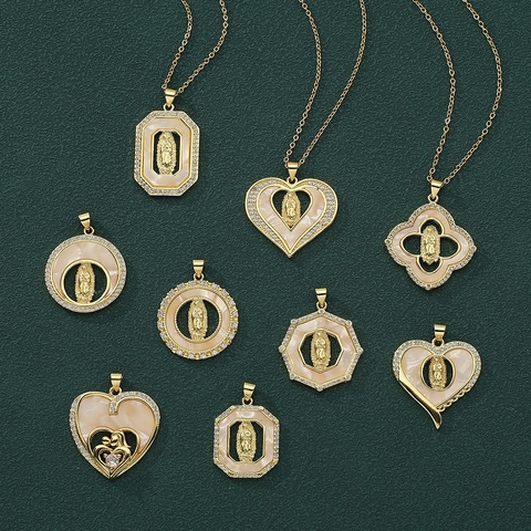 Collar de Cobre Chapado en Oro Con Zirconia Estilo Nácar Colgante Virgen María Corazón MOM Joyería Religiosa Para Mujer
