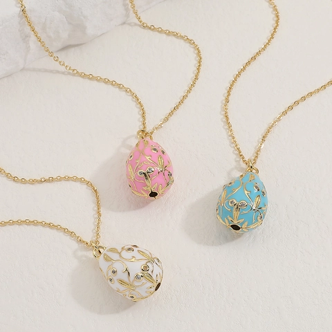 Vintage Russian Faberge Style Enamel Egg Pendant Necklace For Women Gold Plated Copper Zirconia Floral Jewelry Gift