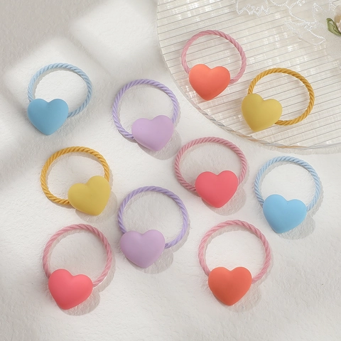 Kids Heart Hair Ties Set Matte Resin 3D Heart Elastic Hair Ropes Colorful No Damage Hair Bands For Little Girls Hair Accessories
