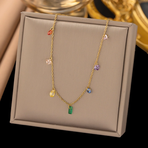 Titanstahl Regenbogen Bunter Strass Halskette Armband Fußkettchen Für Damen 18K Vergoldet Mode Schmuck Zubehör