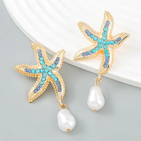 Vintage Alloy Starfish Drop Earrings With Blue Rhinestone And Artificial Baroque Pearl Exaggerated Ocean Style Jewelry For Women