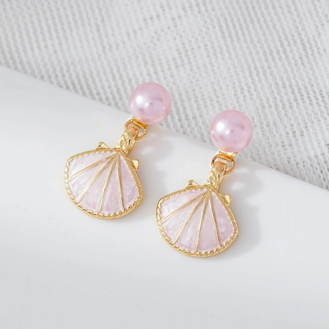 Elegant Alloy Shell Imitation Artificial Pearl Dangle Earrings Marine Style Scallop Enamel Earrings For Women Vacation Jewelry Gift